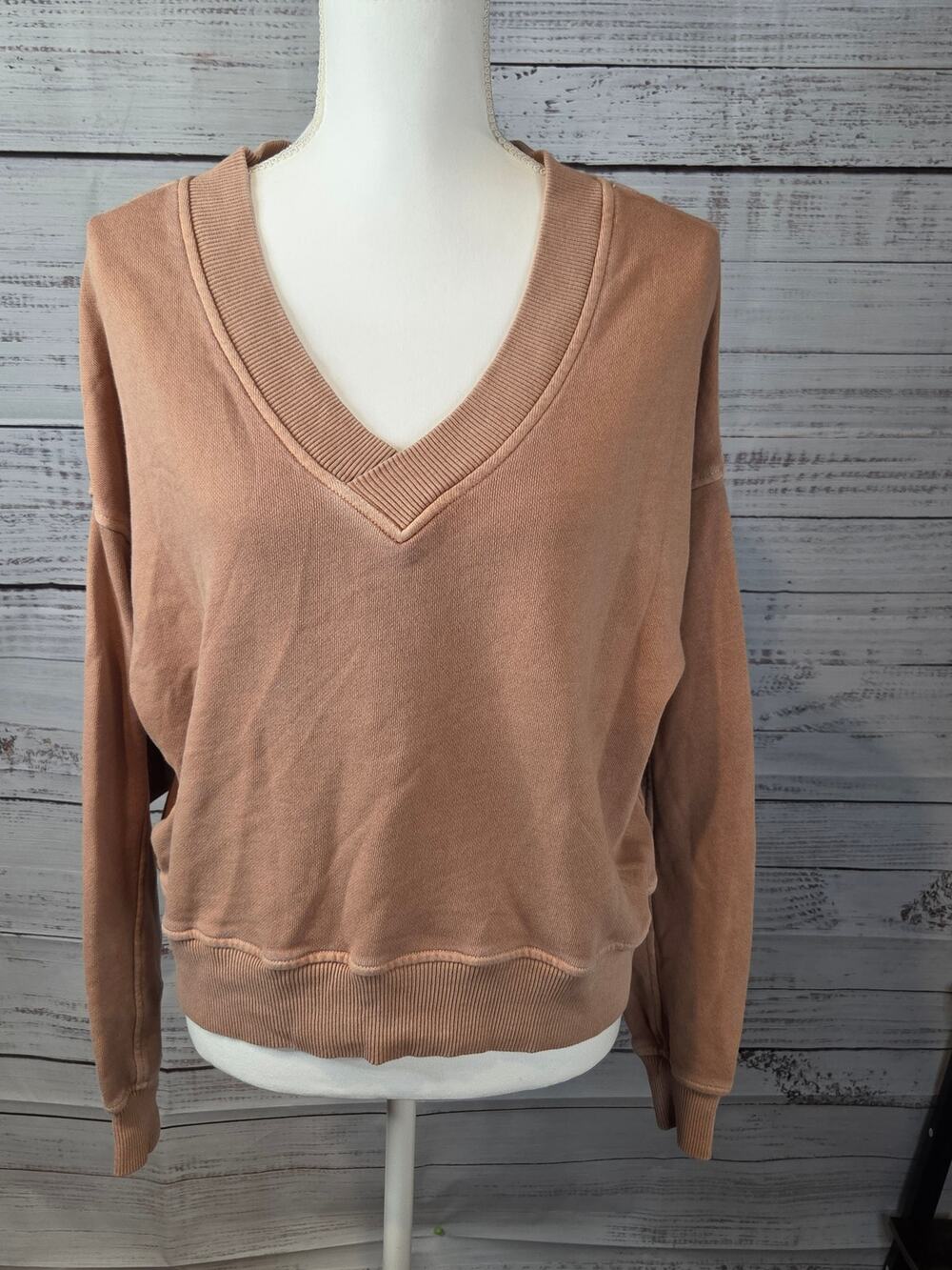 Aerie Distressed V-Neck Sweatshirt Tan Slouchy Pullover XS
